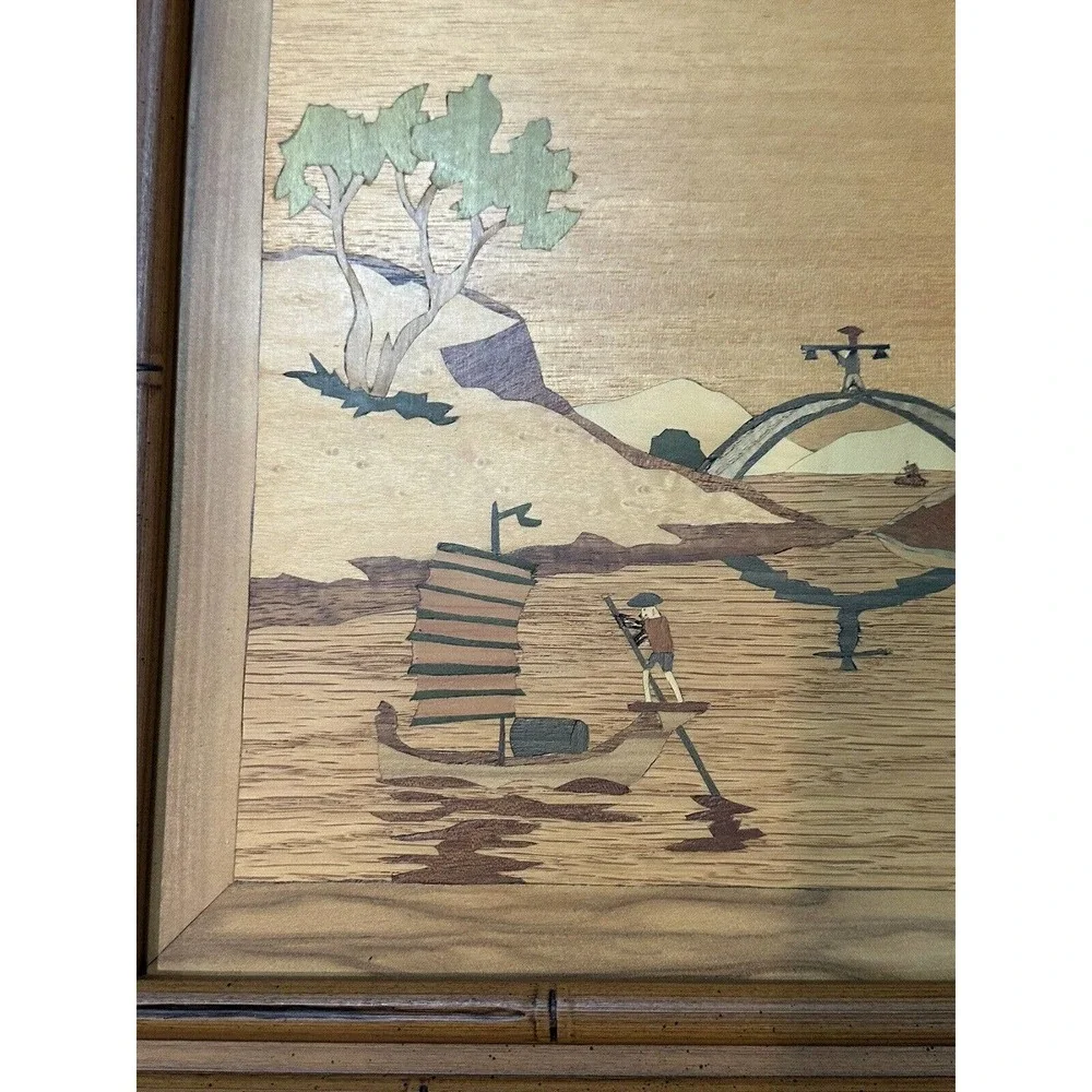 2 Pc Asian Mid Century Modern Framed Wood Cut Out Inlay Wall Art